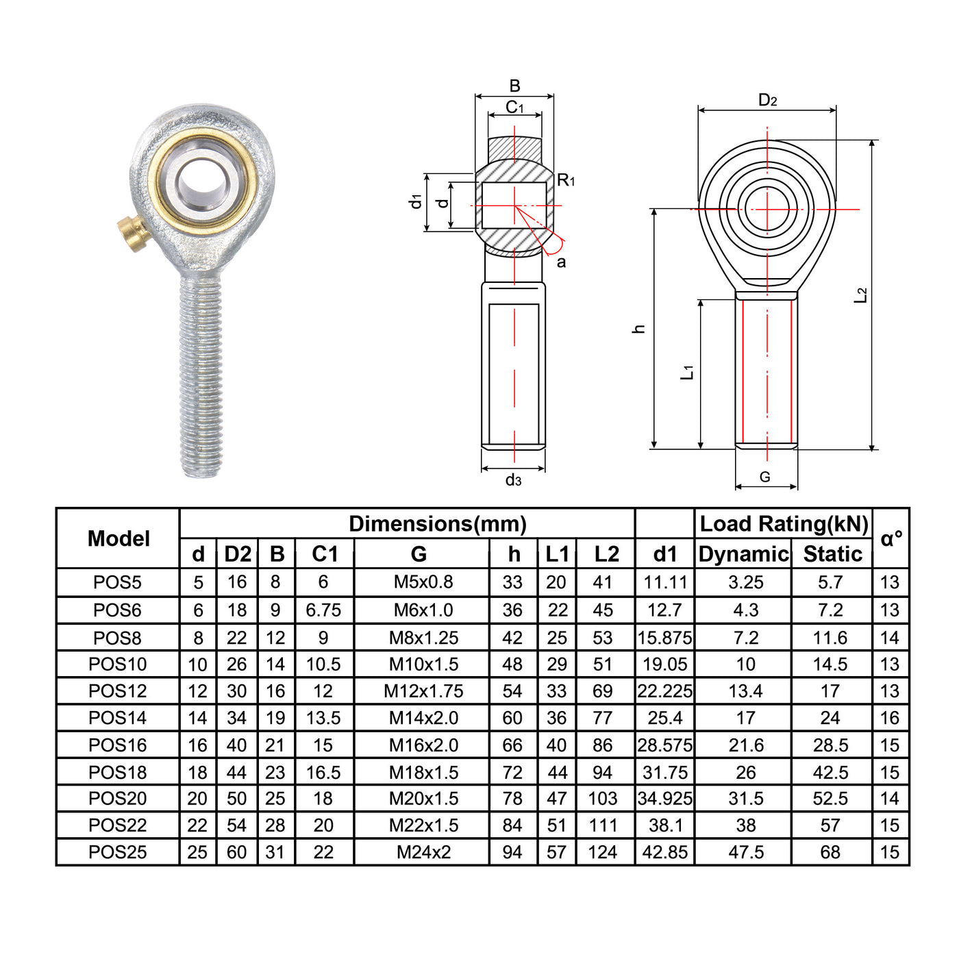 uxcell Uxcell Rod End Bearing Self-lubricated Joint Bearing Left Hand Male Thread Connector