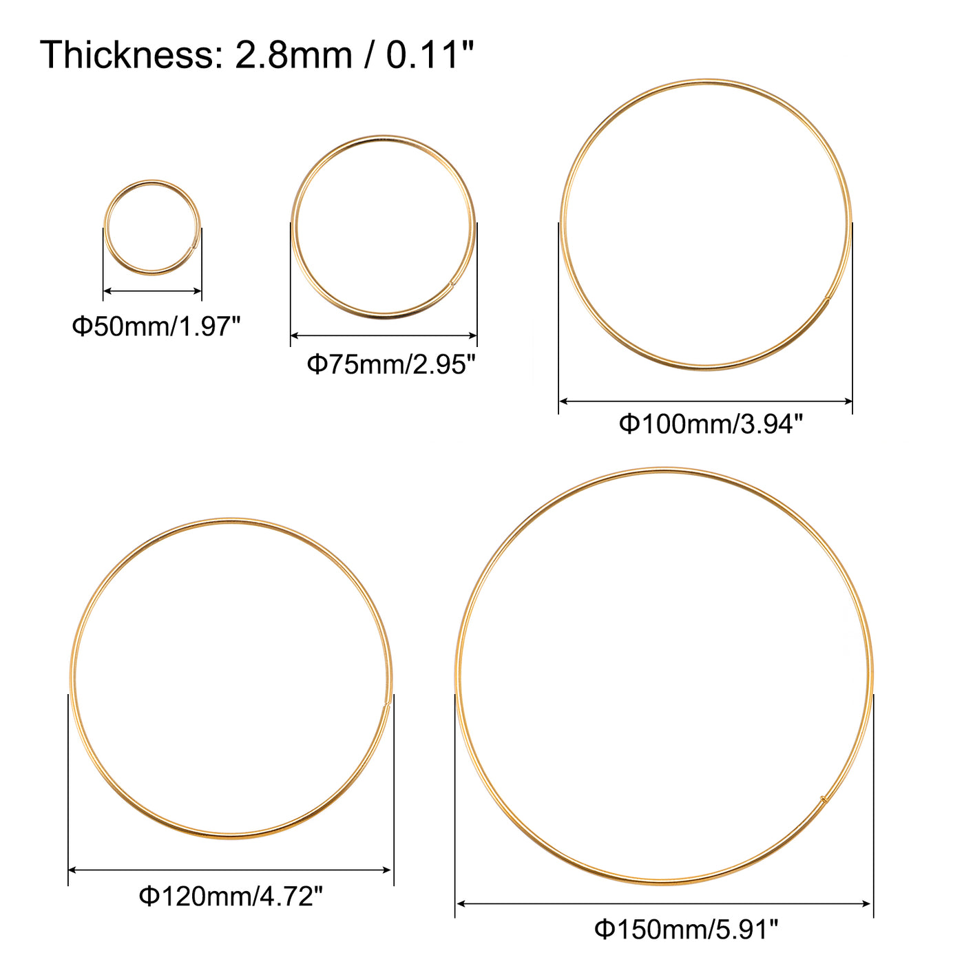 uxcell Uxcell Metal O Rings 50mm 75mm 100mm 120mm 150mm Non-Welded Hoops Gold Tone 10pcs
