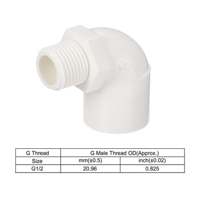 Harfington PVC Water Pipe Elbow Fitting G1/2 Male Thread 25mm ID Tube Connector Adapter, White Pack of 2