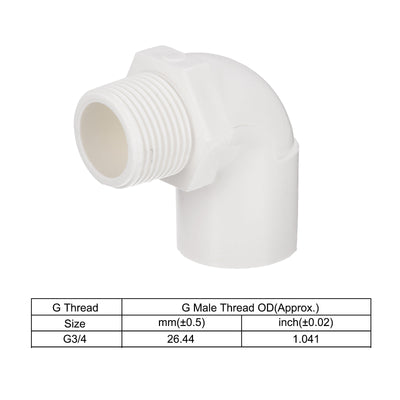 Harfington PVC Water Pipe Elbow Fitting G3/4 Male Thread 25mm ID Tube Connector Adapter, White Pack of 3