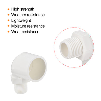 Harfington PVC Water Pipe Elbow Fitting G1/2 Male Thread 32mm ID Tube Connector Adapter, White Pack of 2