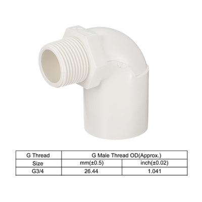 Harfington PVC Water Pipe Elbow Fitting G3/4 Male Thread 32mm ID Tube Connector Adapter, White Pack of 3