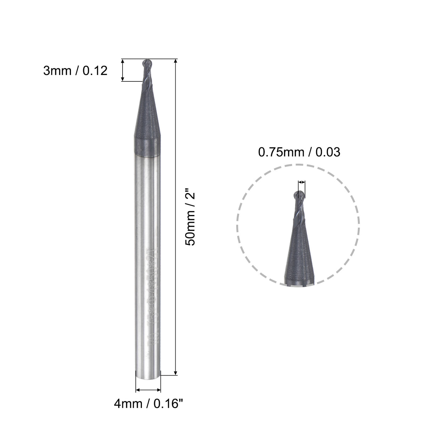 uxcell Uxcell 0.75mm Radius 50mm Long HRC45 Carbide AlTiSin Coated 2 Flute Ball Nose End Mill