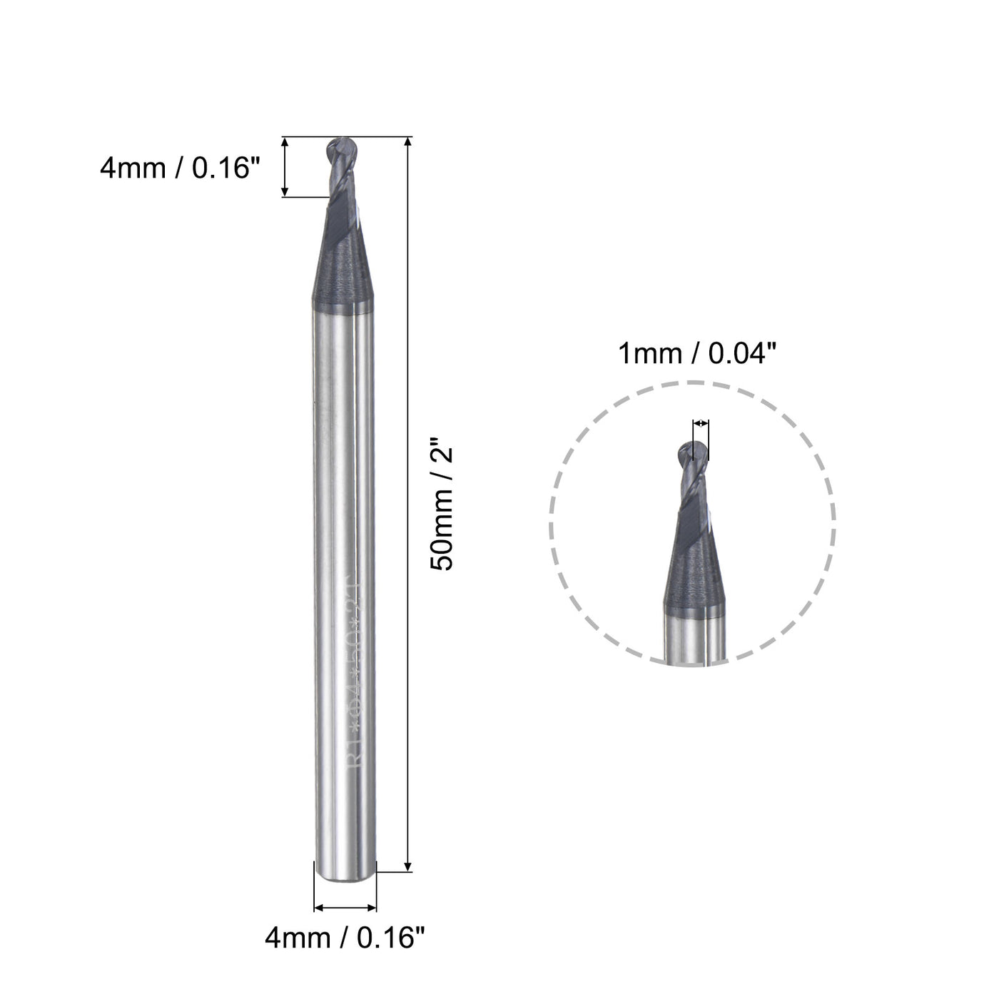 uxcell Uxcell 1mm Radius 50mm Long HRC45 Carbide AlTiSin Coated 2 Flute Ball Nose End Mill