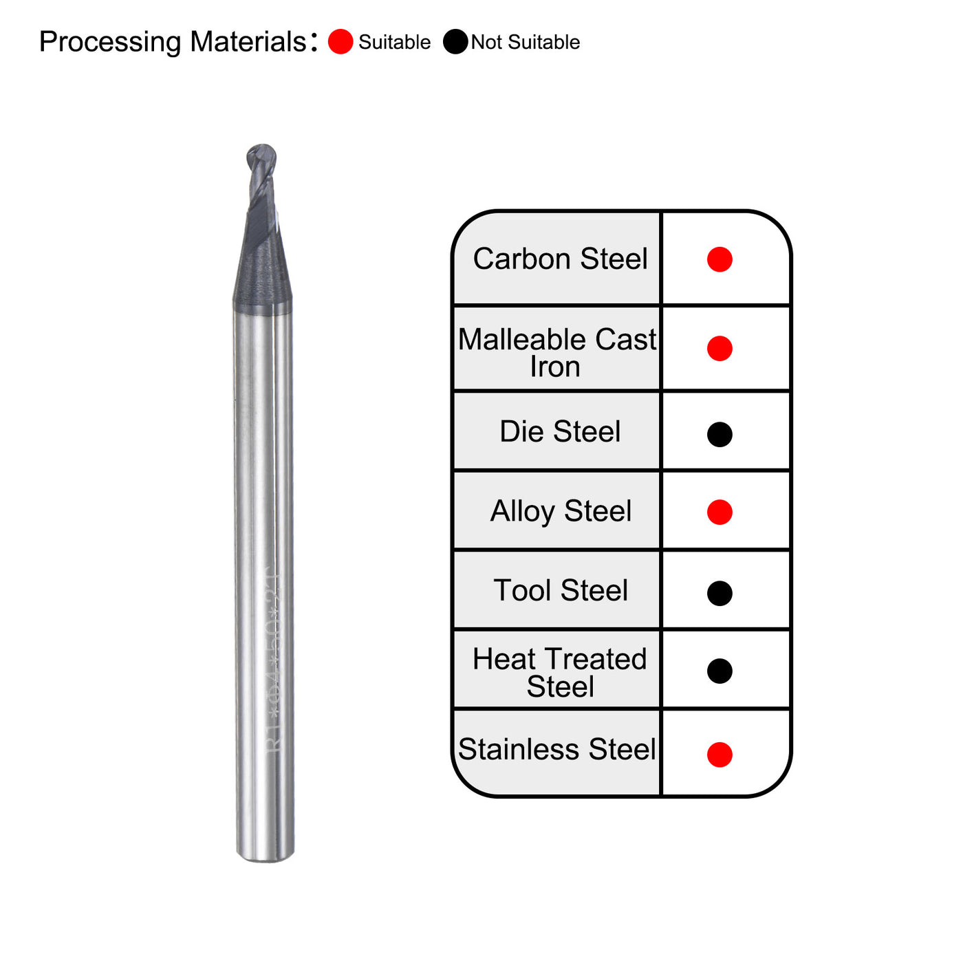 uxcell Uxcell 1mm Radius 50mm Long HRC45 Carbide AlTiSin Coated 2 Flute Ball Nose End Mill