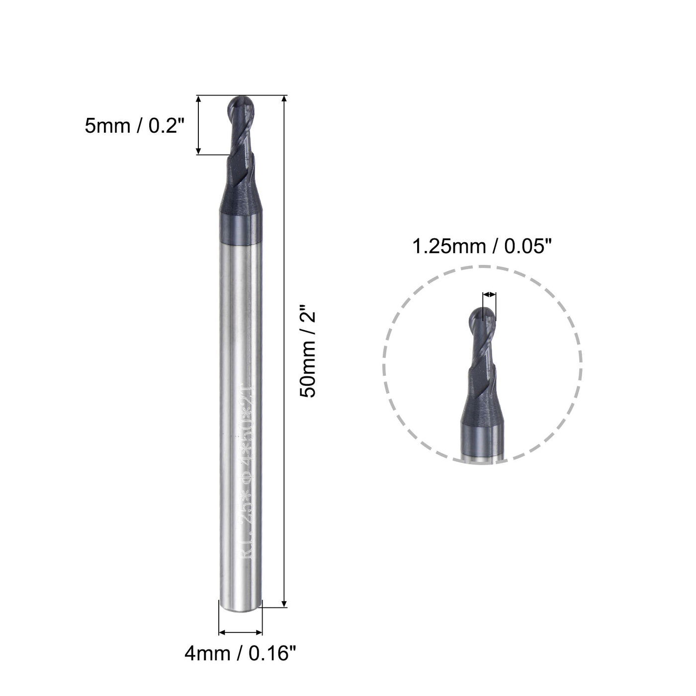 uxcell Uxcell 1.25mm Radius 50mm Long HRC45 Carbide AlTiSin Coated 2 Flute Ball Nose End Mill