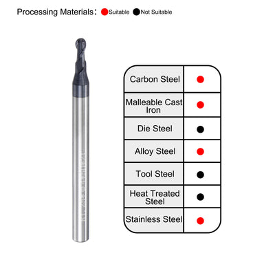 Harfington Uxcell 1.25mm Radius 50mm Long HRC45 Carbide AlTiSin Coated 2 Flute Ball Nose End Mill