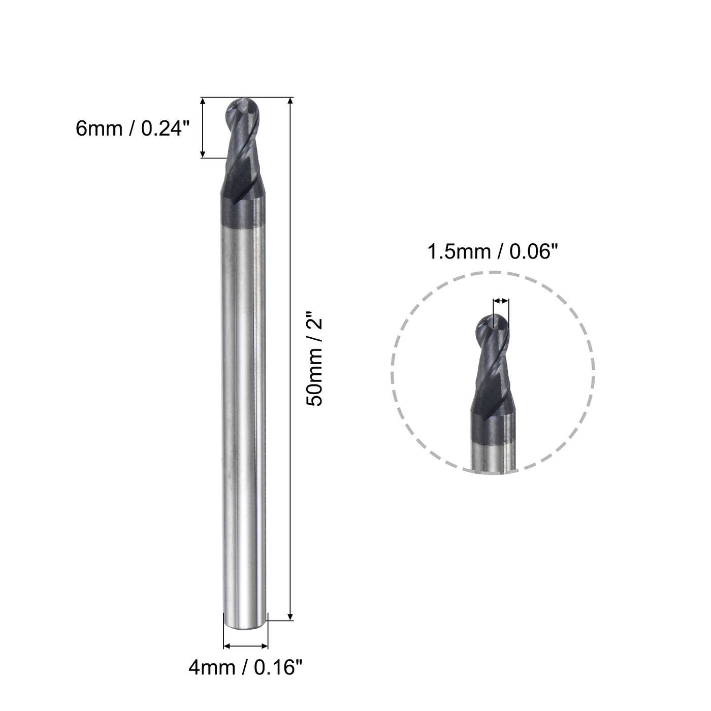 uxcell Uxcell 1.5mm Radius 50mm Long HRC45 Carbide AlTiSin Coated 2 Flute Ball Nose End Mill
