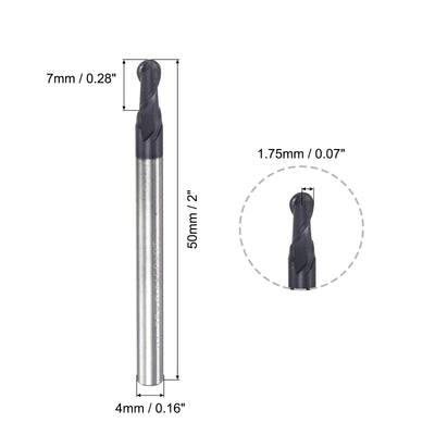 Harfington Uxcell 1.75mm Radius 50mm Long HRC45 Carbide AlTiSin Coated 2 Flute Ball Nose End Mill