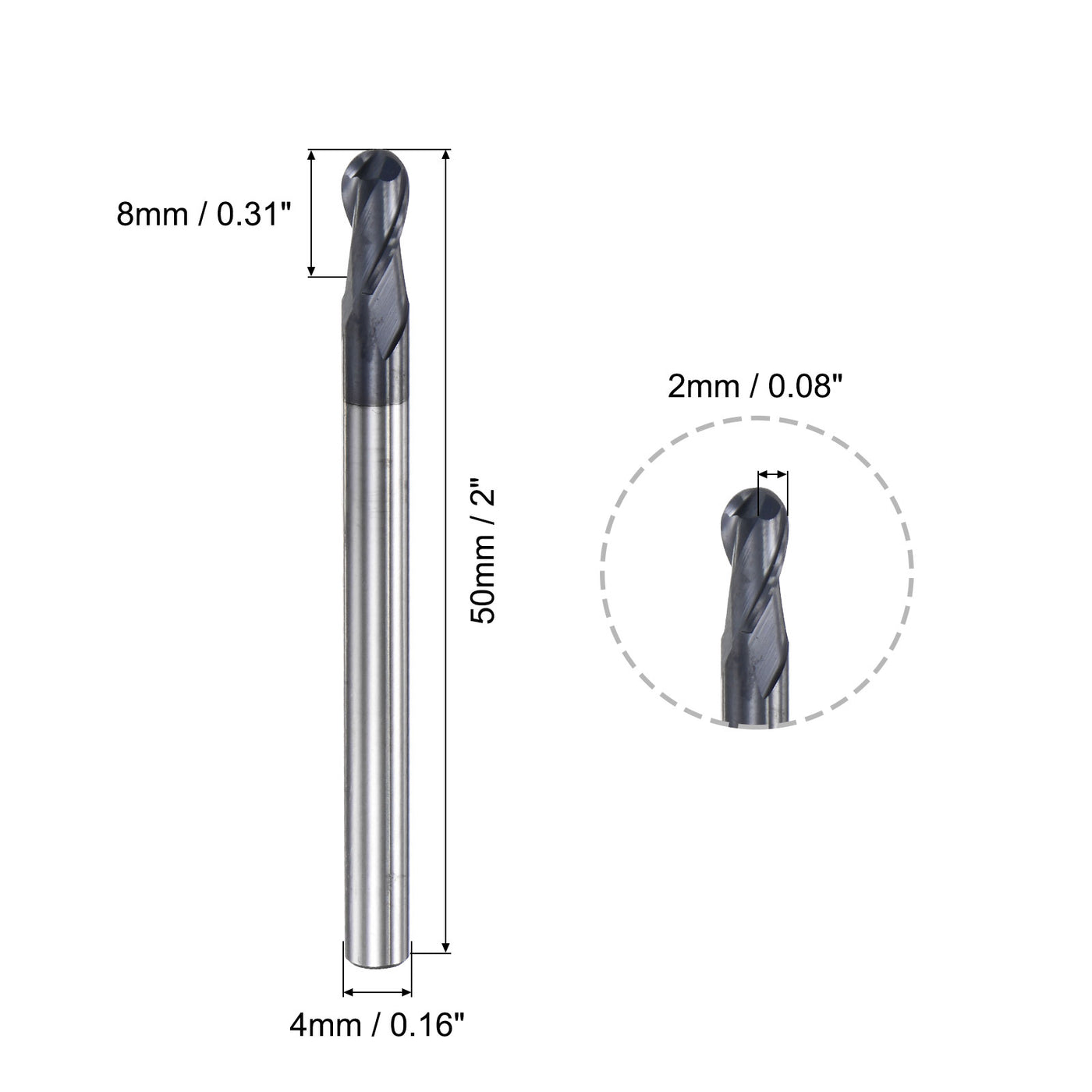 uxcell Uxcell 2mm Radius 50mm Long HRC45 Carbide AlTiSin Coated 2 Flute Ball Nose End Mill