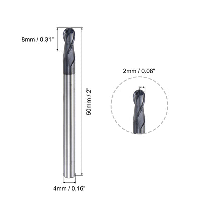 Harfington Uxcell 2mm Radius 50mm Long HRC45 Carbide AlTiSin Coated 2 Flute Ball Nose End Mill