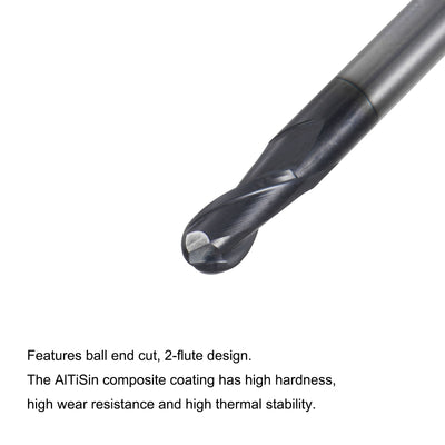 Harfington Uxcell 2mm Radius 75mm Long HRC45 Carbide AlTiSin Coated 2 Flute Ball Nose End Mill