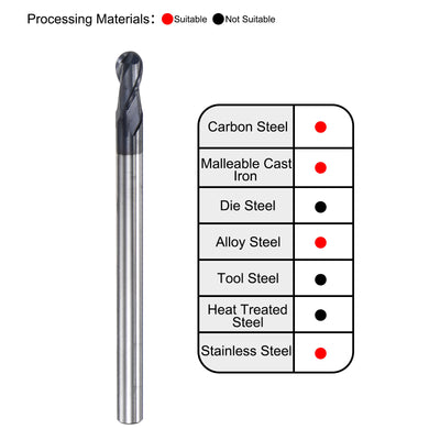 Harfington Uxcell 2mm Radius 75mm Long HRC45 Carbide AlTiSin Coated 2 Flute Ball Nose End Mill