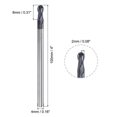 Harfington Uxcell 2mm Radius 100mm Long HRC45 Carbide AlTiSin Coated 2 Flute Ball Nose End Mill