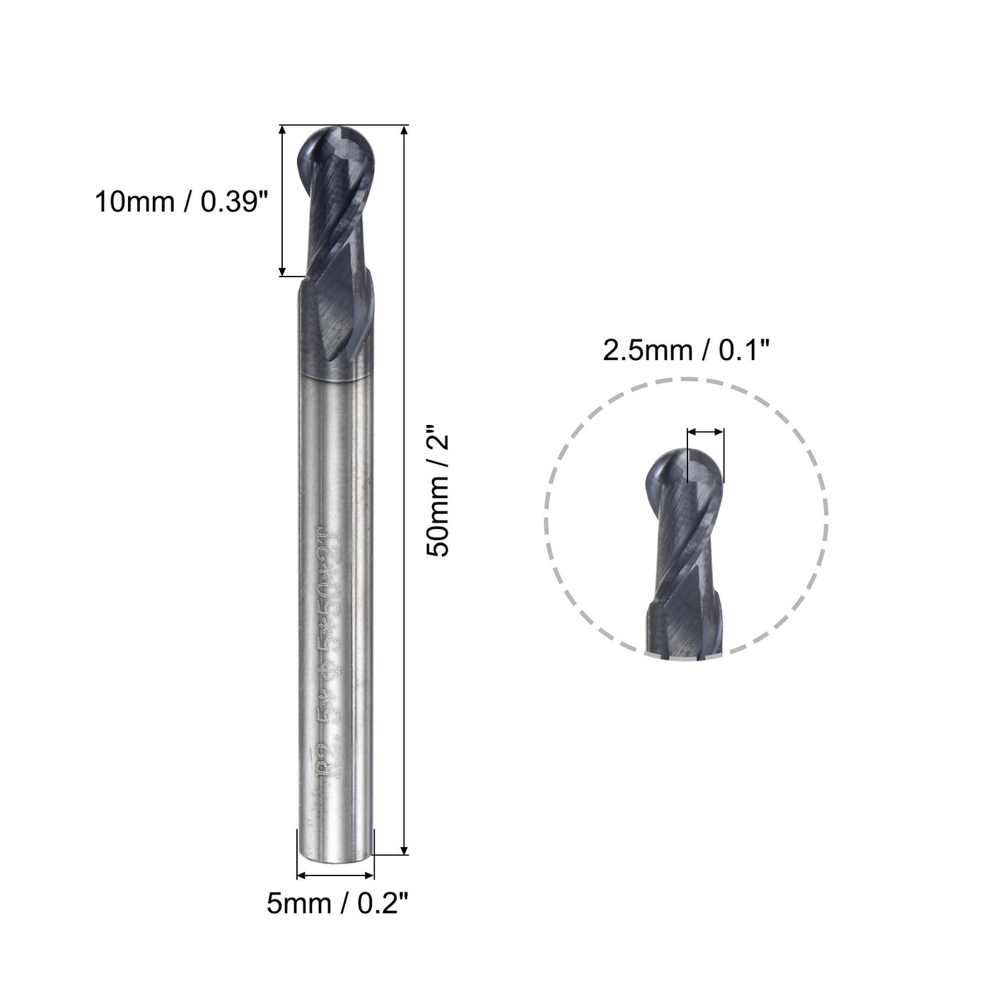 uxcell Uxcell 2.5mm Radius 50mm Long HRC45 Carbide AlTiSin Coated 2 Flute Ball Nose End Mill