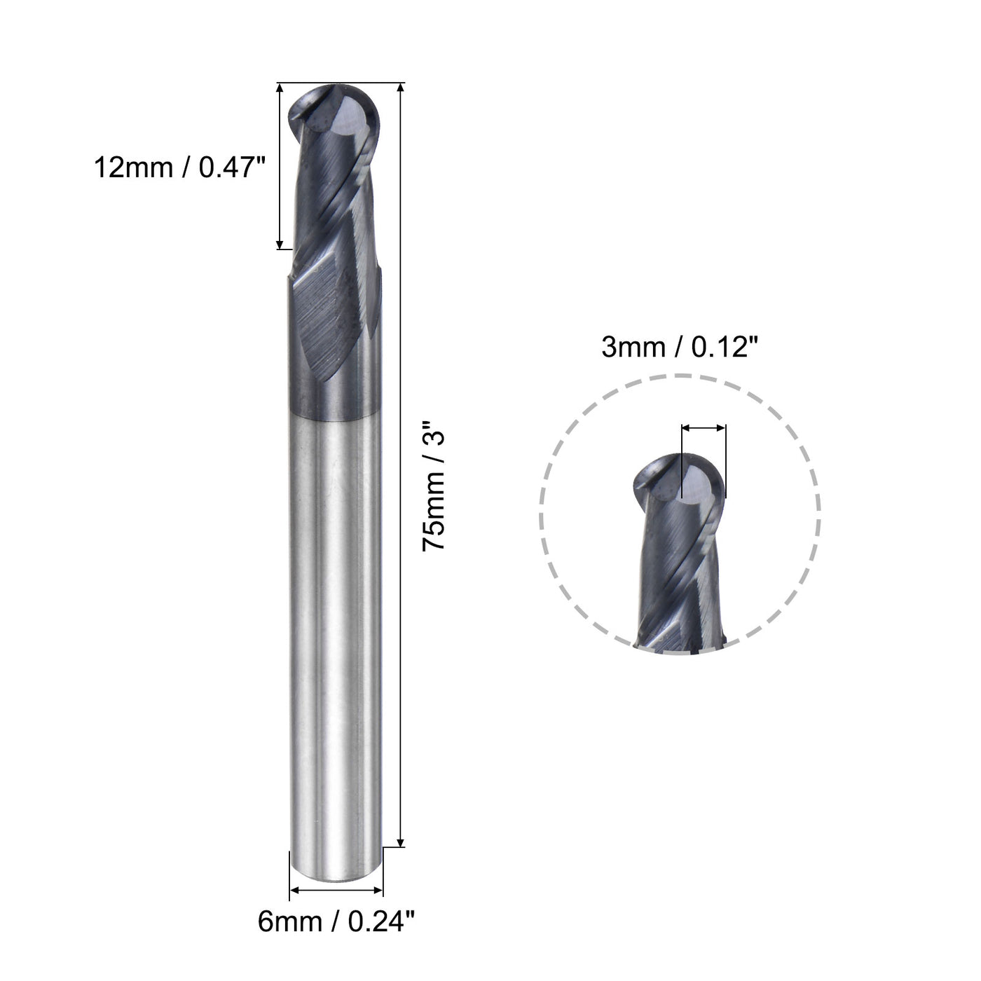 uxcell Uxcell 3mm Radius 75mm Long HRC45 Carbide AlTiSin Coated 2 Flute Ball Nose End Mill