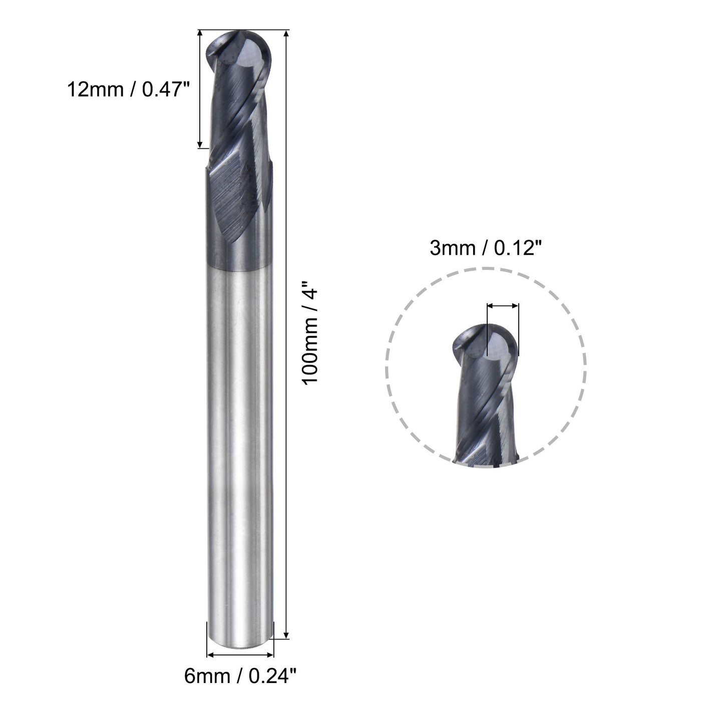 uxcell Uxcell 3mm Radius 100mm Long HRC45 Carbide AlTiSin Coated 2 Flute Ball Nose End Mill