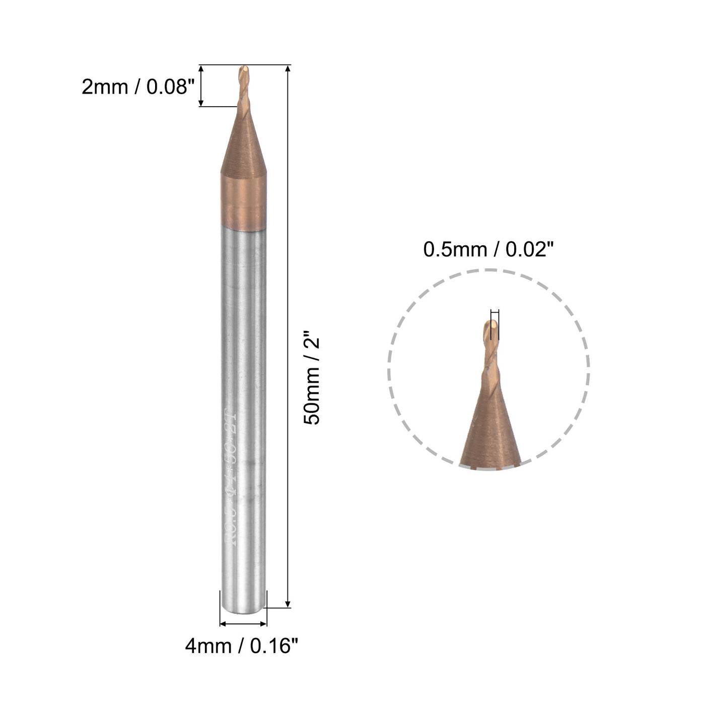 uxcell Uxcell 0.5mm Radius 50mm Long HRC55 Carbide AlTiSin Coated 2 Flute Ball Nose End Mill