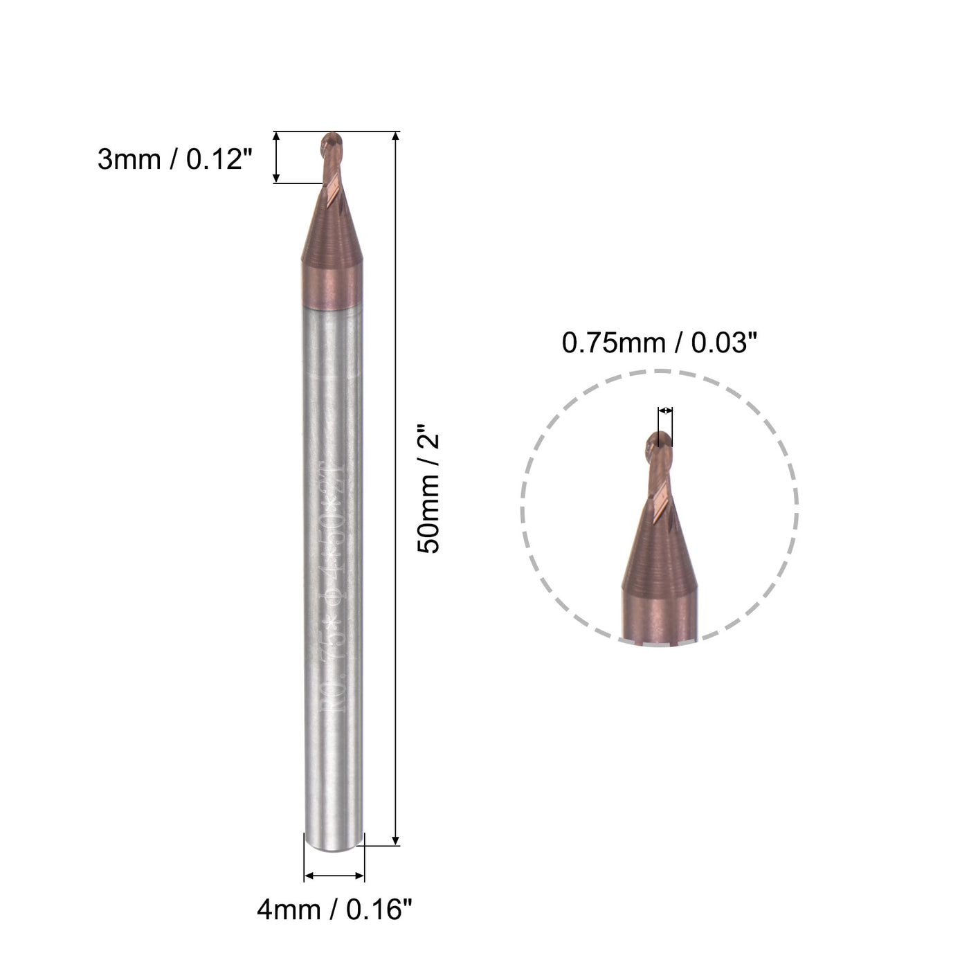 uxcell Uxcell 0.75mm Radius 50mm Long HRC55 Carbide AlTiSin Coated 2 Flute Ball Nose End Mill