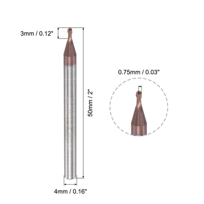 Harfington Uxcell 0.75mm Radius 50mm Long HRC55 Carbide AlTiSin Coated 2 Flute Ball Nose End Mill