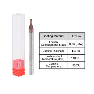 Harfington Uxcell 0.75mm Radius 50mm Long HRC55 Carbide AlTiSin Coated 2 Flute Ball Nose End Mill