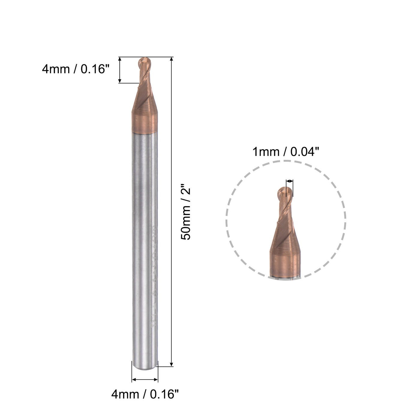uxcell Uxcell 1mm Radius 50mm Long HRC55 Carbide AlTiSin Coated 2 Flute Ball Nose End Mill