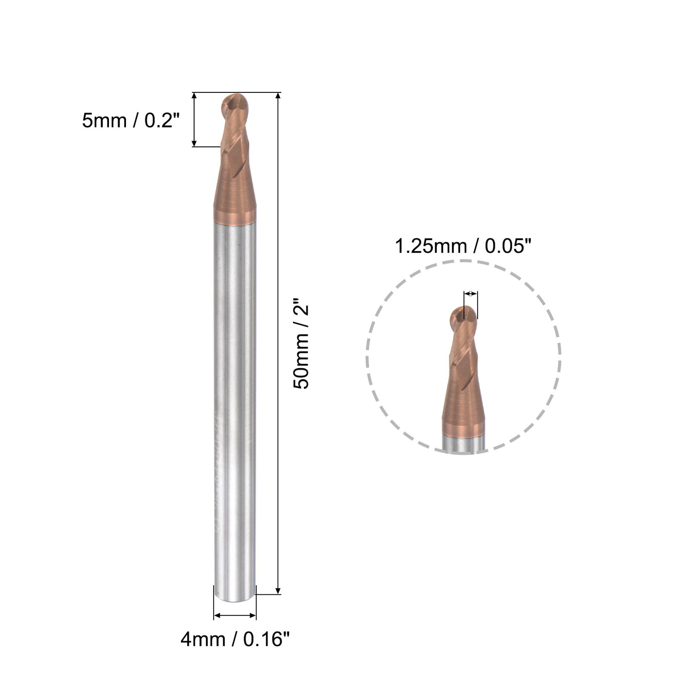 uxcell Uxcell 1.25mm Radius 50mm Long HRC55 Carbide AlTiSin Coated 2 Flute Ball Nose End Mill