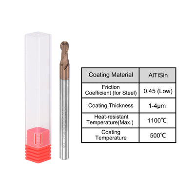Harfington Uxcell 1.75mm Radius 50mm Long HRC55 Carbide AlTiSin Coated 2 Flute Ball Nose End Mill