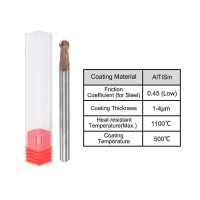 Harfington Uxcell 2mm Radius 50mm Long HRC55 Carbide AlTiSin Coated 2 Flute Ball Nose End Mill