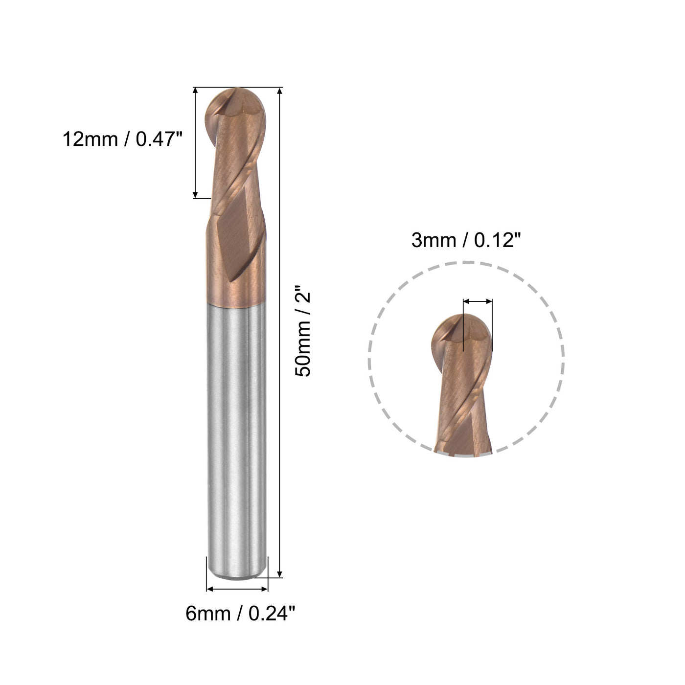 uxcell Uxcell 3mm Radius 50mm Long HRC55 Carbide AlTiSin Coated 2 Flute Ball Nose End Mill