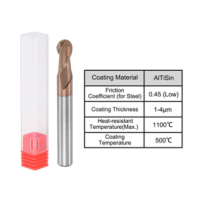 Harfington Uxcell 3mm Radius 50mm Long HRC55 Carbide AlTiSin Coated 2 Flute Ball Nose End Mill