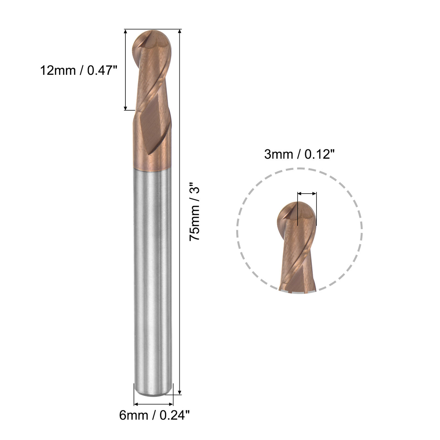 uxcell Uxcell 3mm Radius 75mm Long HRC55 Carbide AlTiSin Coated 2 Flute Ball Nose End Mill