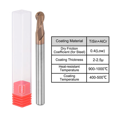 Harfington Uxcell 3mm Radius 100mm Long HRC55 Carbide AlTiSin Coated 2 Flute Ball Nose End Mill