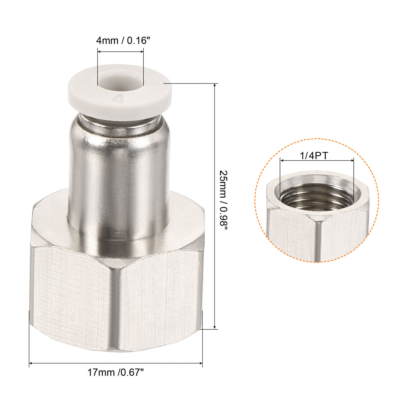 Harfington Push to Connect Fittings 1/4PT Female Thread Fit 4mm Tube OD Nickel-plated Copper Straight Union Fitting, Pack of 6