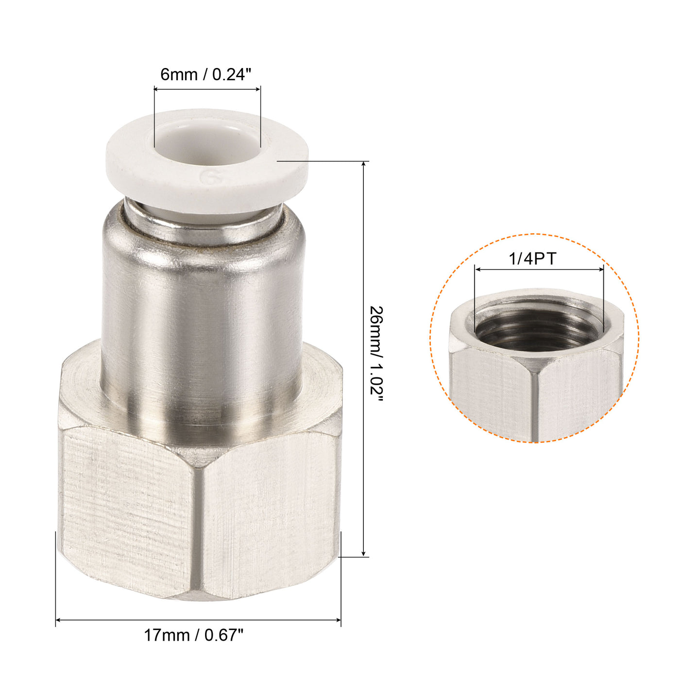 Harfington Push to Connect Fittings 1/4PT Female Thread Fit 6mm Tube OD Nickel-plated Copper Straight Union Fitting, Pack of 2