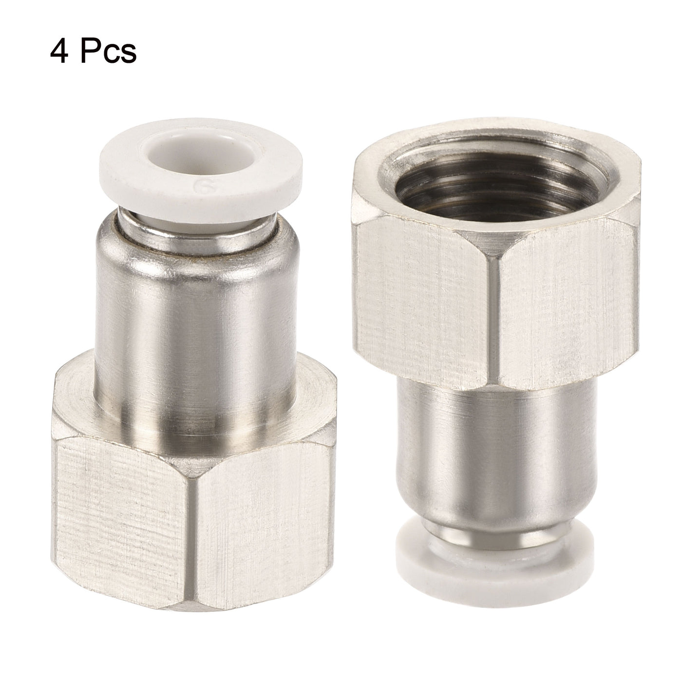 Harfington Push to Connect Fittings 1/4PT Female Thread Fit 6mm Tube OD Nickel-plated Copper Straight Union Fitting, Pack of 4