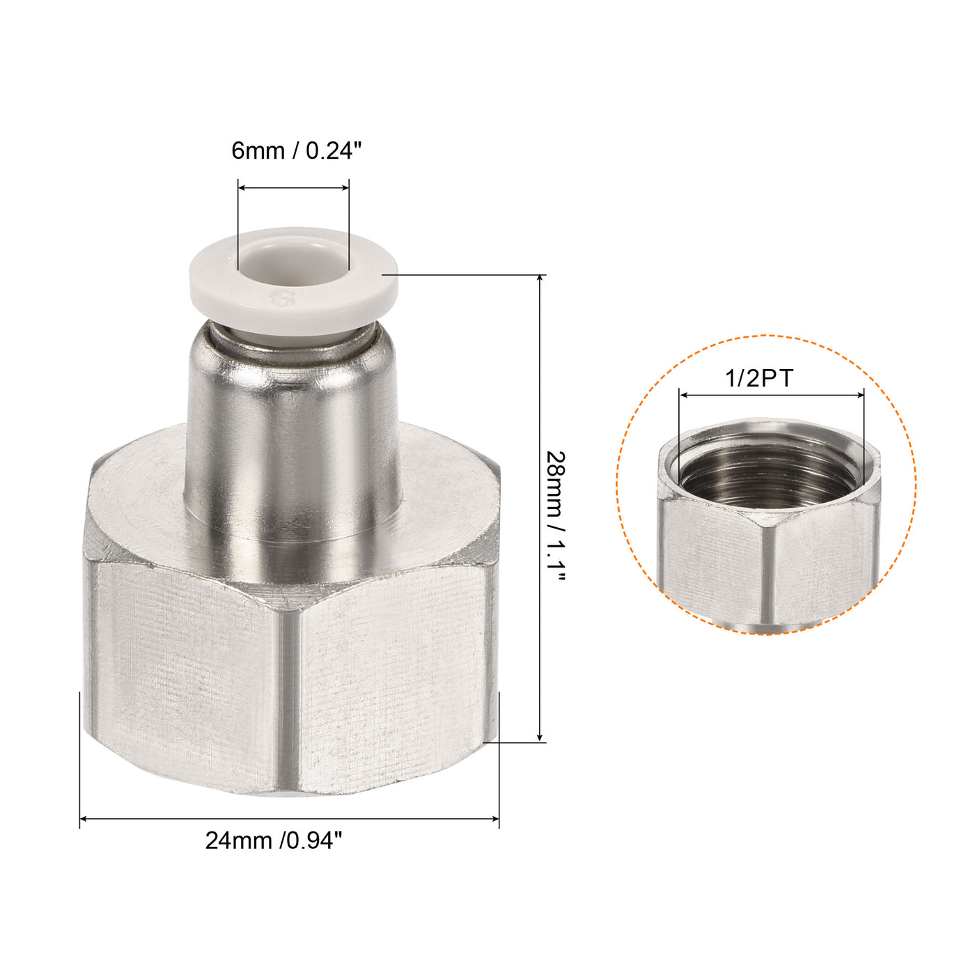 Harfington Push to Connect Fittings 1/2PT Female Thread Fit 6mm Tube OD Nickel-plated Copper Straight Union Fitting, Pack of 2