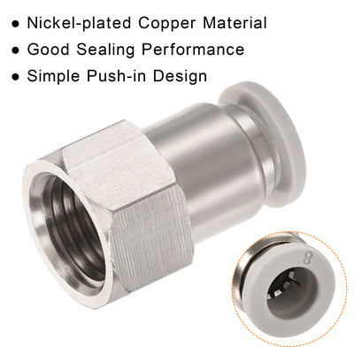 Harfington Push to Connect Fittings 1/4PT Female Thread Fit 8mm Tube OD Nickel-plated Copper Straight Union Fitting, Pack of 2