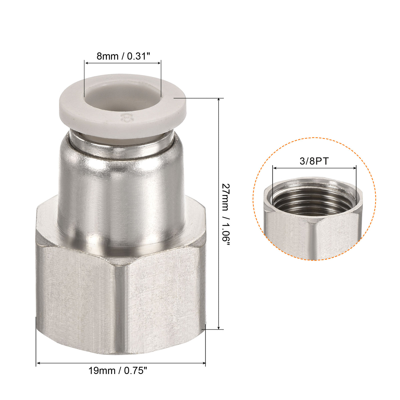 Harfington Push to Connect Fittings 3/8PT Female Thread Fit 8mm Tube OD Nickel-plated Copper Straight Union Fitting, Pack of 4