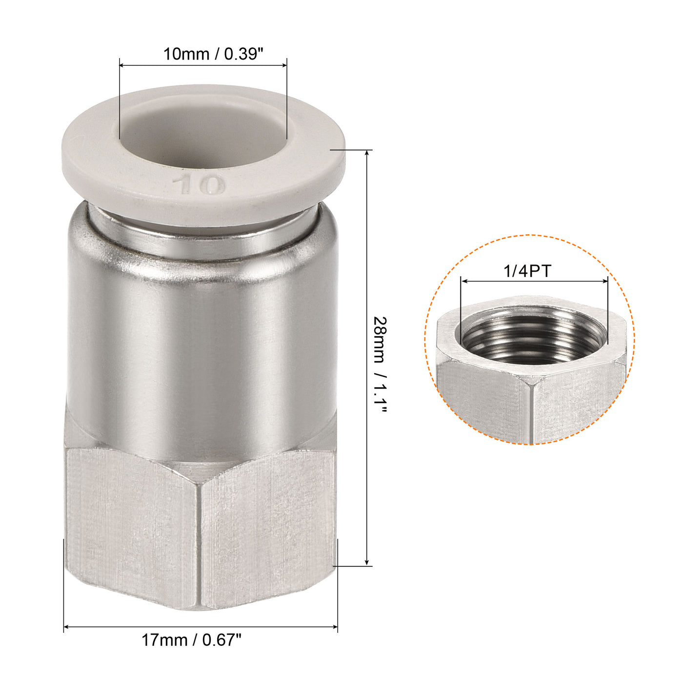 Harfington Push to Connect Fittings 1/4PT Female Thread Fit 10mm Tube OD Nickel-plated Copper Straight Union Fitting, Pack of 2