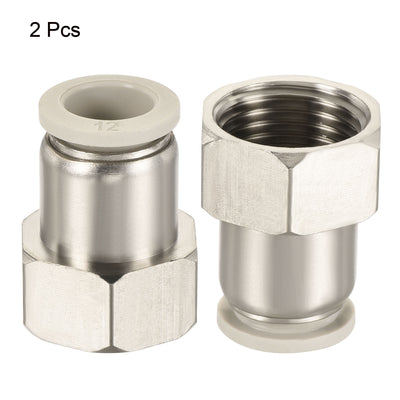 Harfington Push to Connect Fittings 1/2PT Female Thread Fit 12mm Tube OD Nickel-plated Copper Straight Union Fitting, Pack of 2