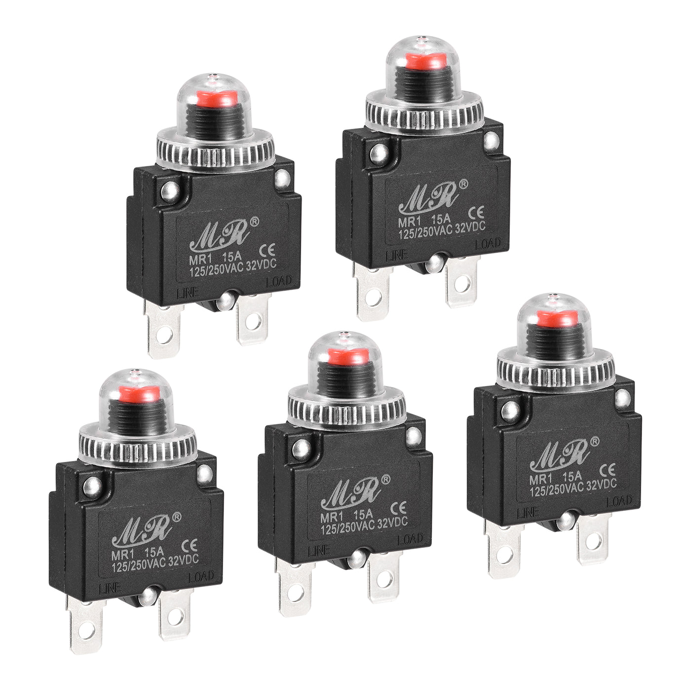 Harfington Circuit Overload Protector 15A AC125/250V DC32V Push Button Thermal Circuit Breaker for Air Compressor with Waterproof Caps 5pcs