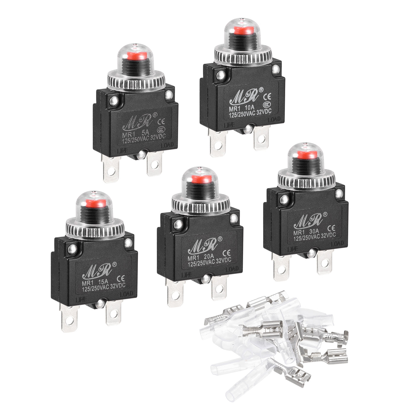 Harfington Circuit Overload Protector Kit 5A/10A/15A/20A/30A AC125/250V DC32V Push Button Thermal Circuit Breaker with Waterproof Caps