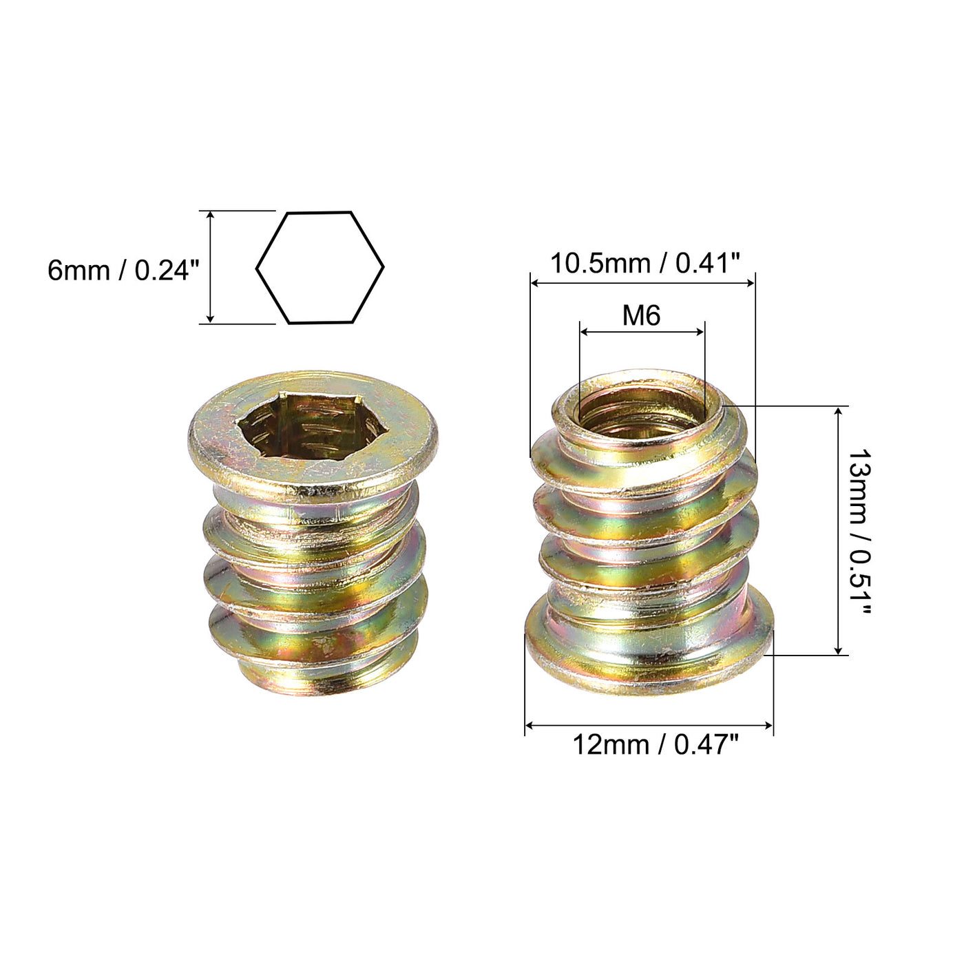 uxcell Uxcell M6x13mm Threaded Inserts for Wood Hex Socket Drive Furniture Screw-in Nut 24pcs