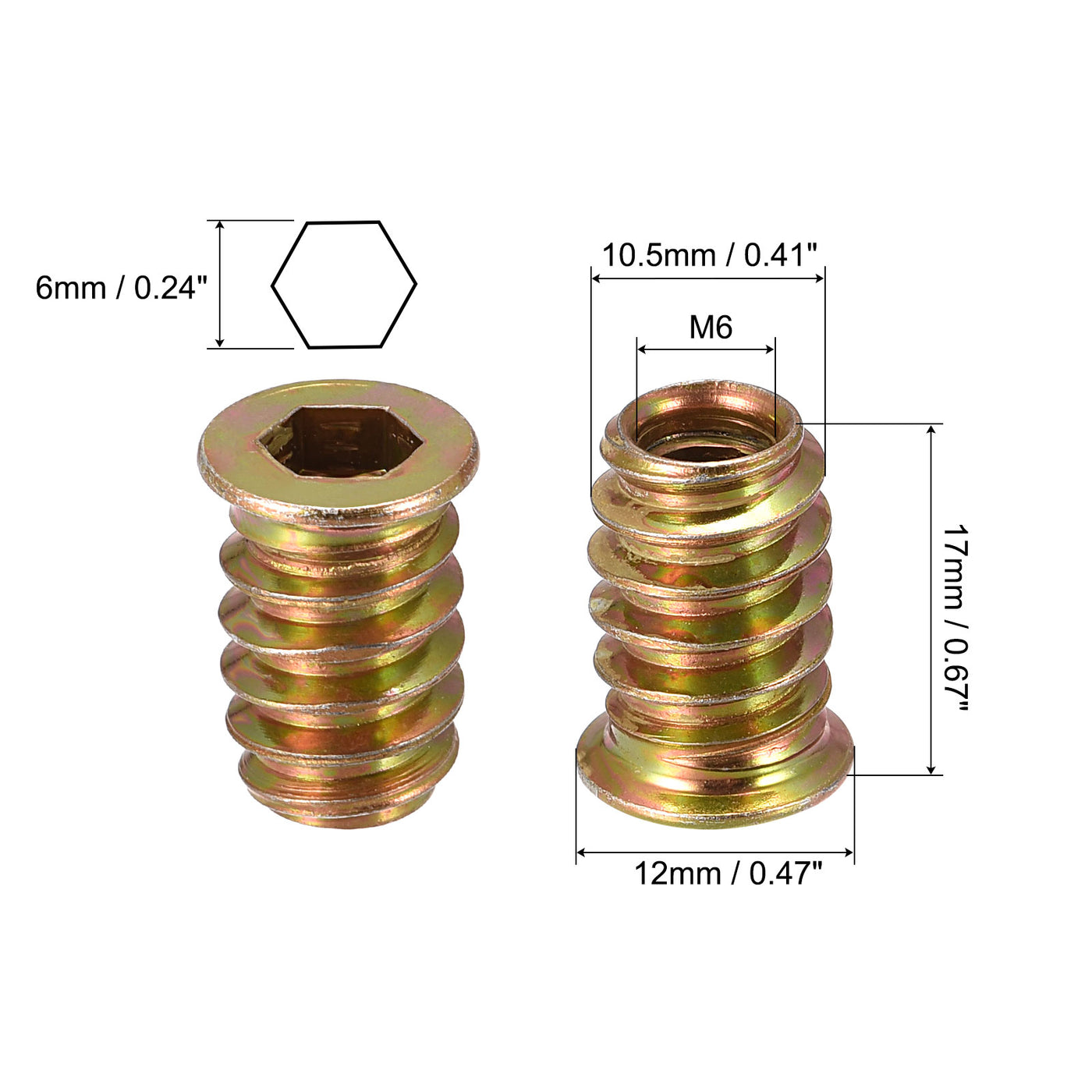 uxcell Uxcell M6x17mm Threaded Inserts for Wood Hex Socket Drive Furniture Screw-in Nut 24pcs