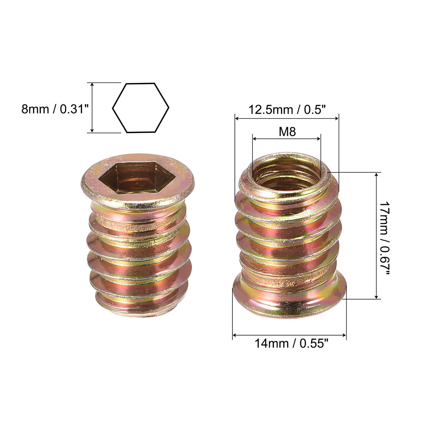 uxcell Uxcell M8x17mm Threaded Inserts for Wood Hex Socket Drive Furniture Screw-in Nut 120pcs