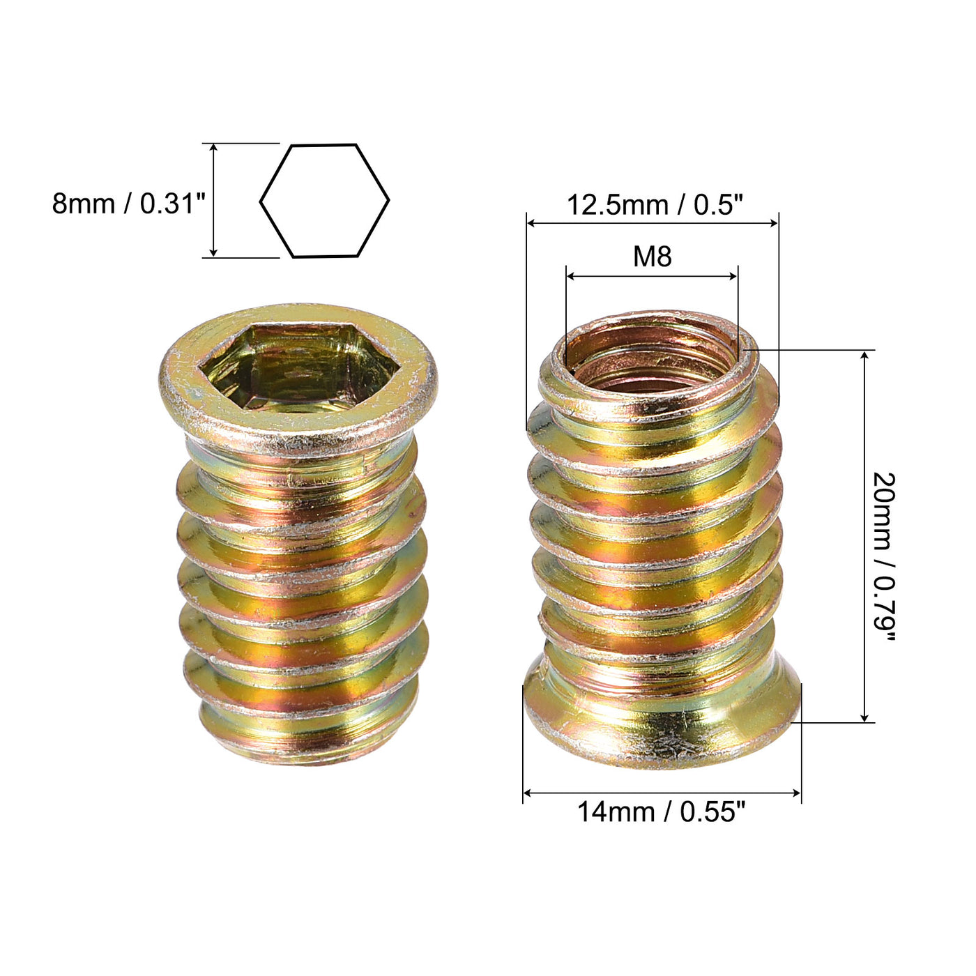 uxcell Uxcell M8x20mm Threaded Inserts for Wood Hex Socket Drive Furniture Screw-in Nut 24pcs