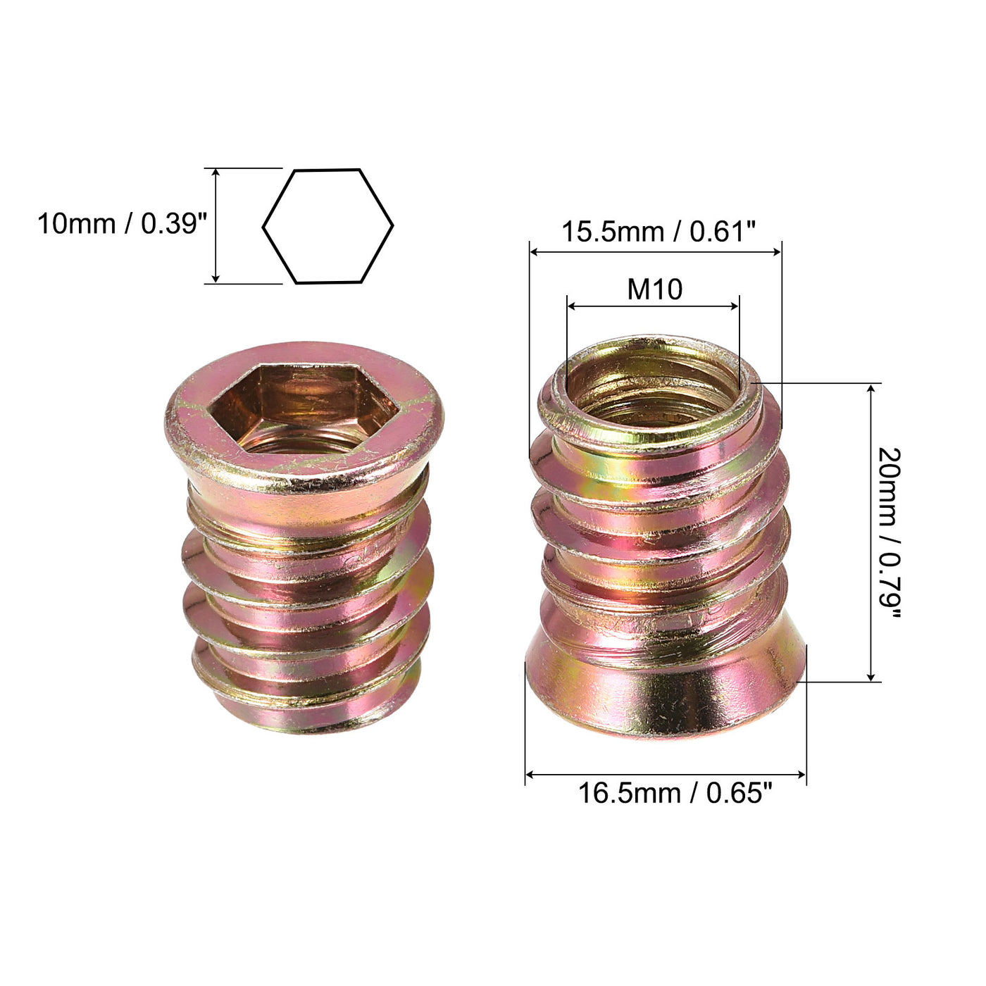uxcell Uxcell M10x20mm Threaded Inserts for Wood Hex Socket Drive Furniture Screw-in Nut 64pcs