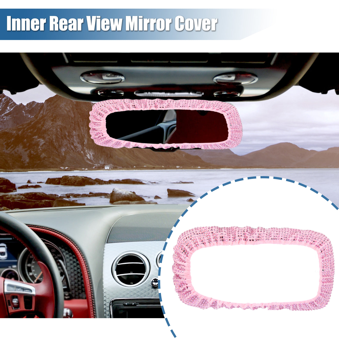 X AUTOHAUX Bling Car Mirror Accessories Charm Shining Car Rear View Mirror Decorative Cover Faux Crystal Rhinestone Car Interior Trim for Women Pink