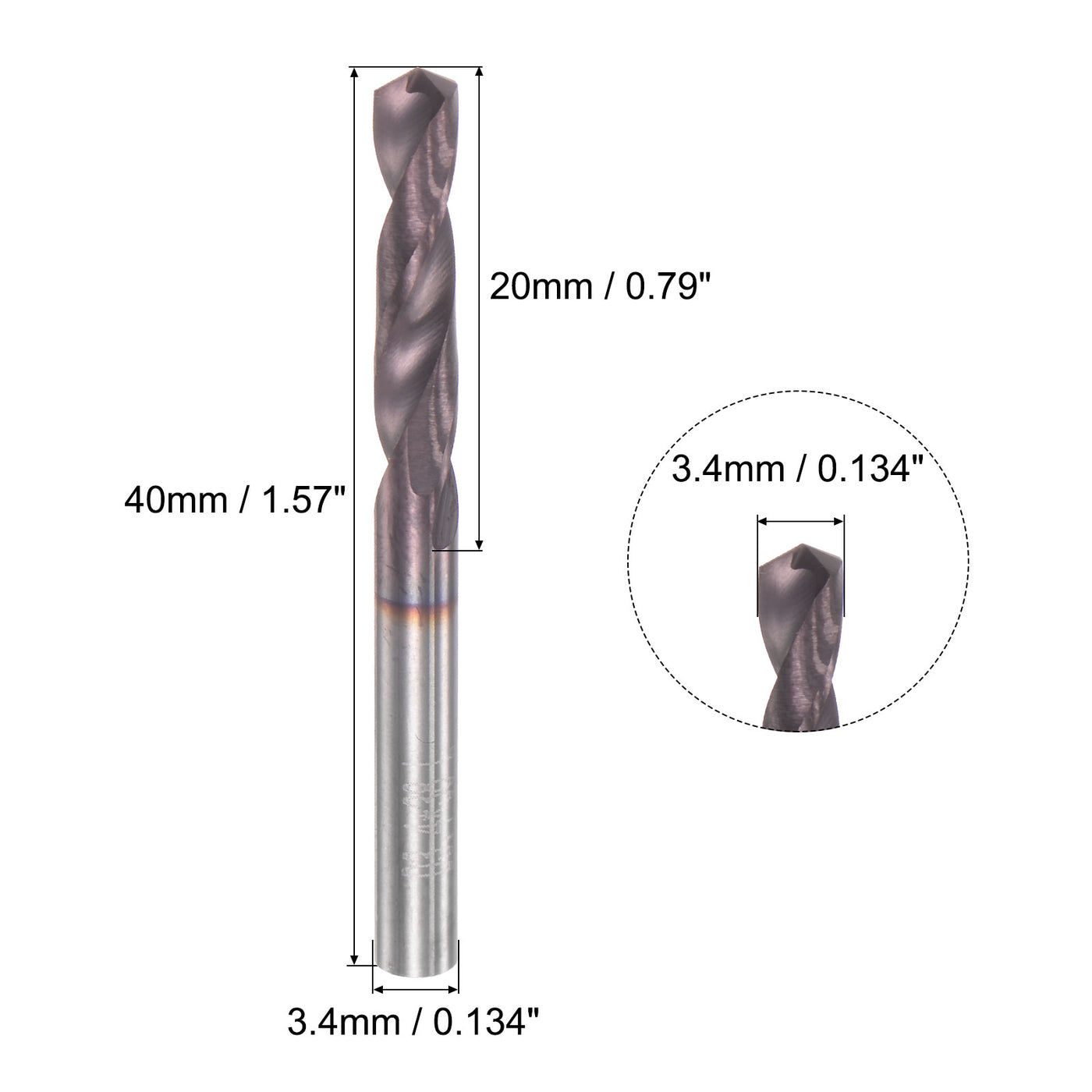 uxcell Uxcell 3.4mm DIN K45 Tungsten Carbide AlTiSin Coated Drill Bit for Stainless Steel